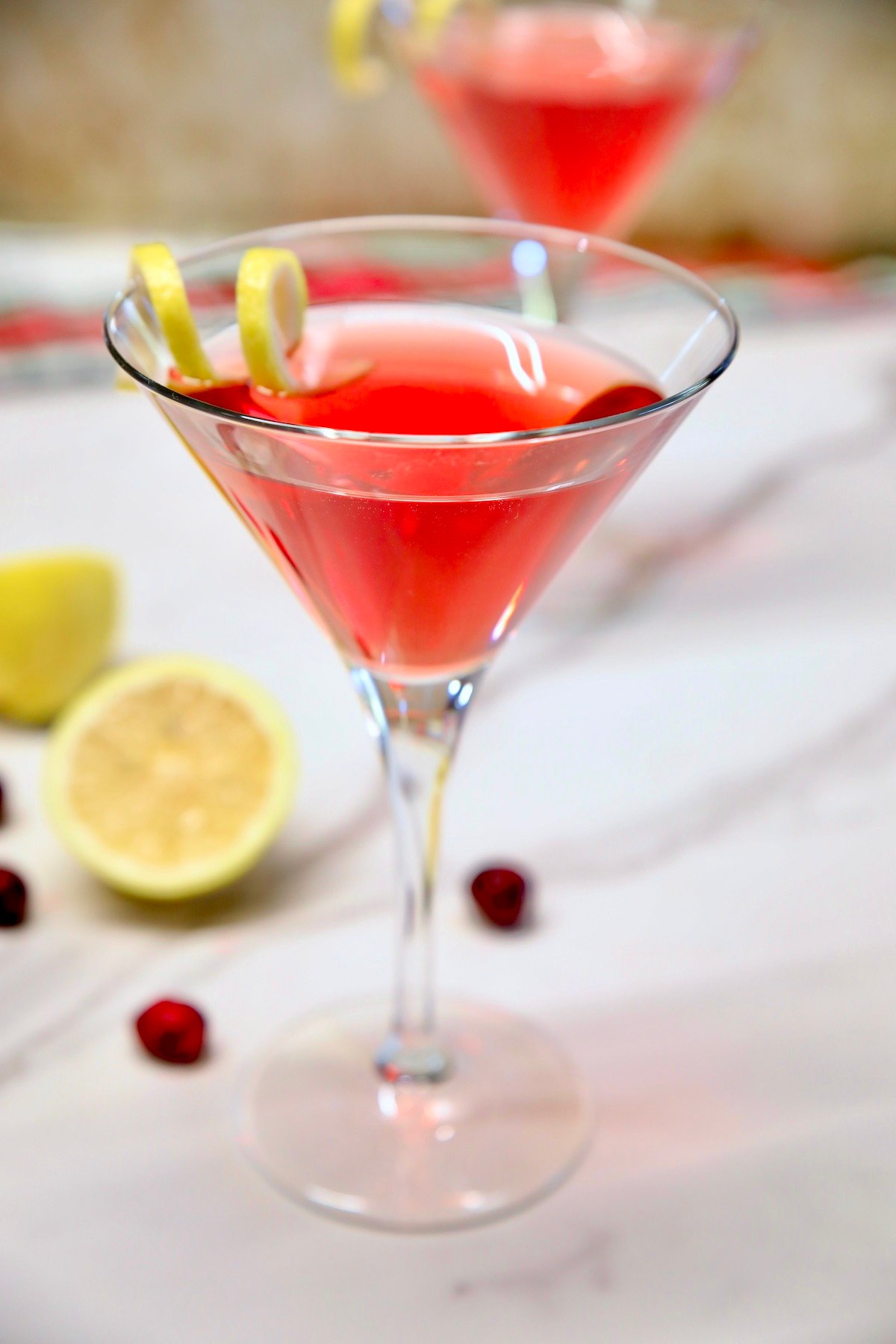 Cranberry cocktail in martini glasses.