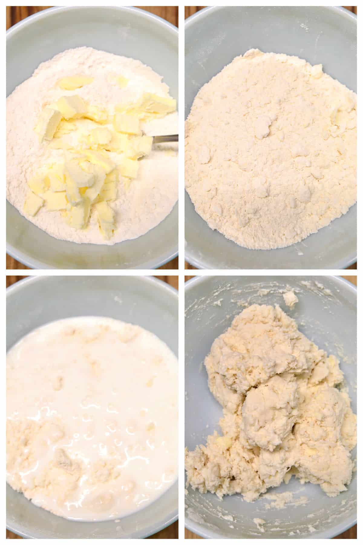 Collage of buttermilk biscuit dough for sweet rolls.