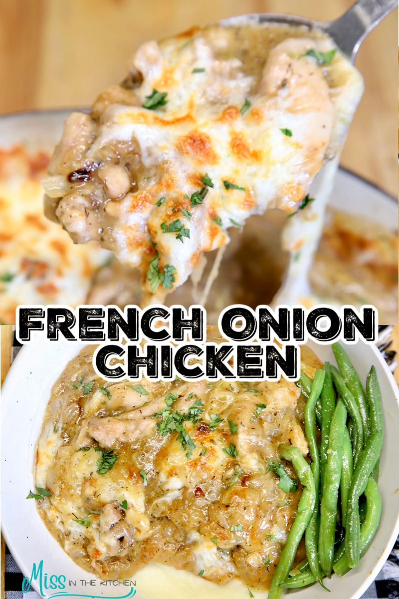 Collage: French onion chicken on a spoon/plated.