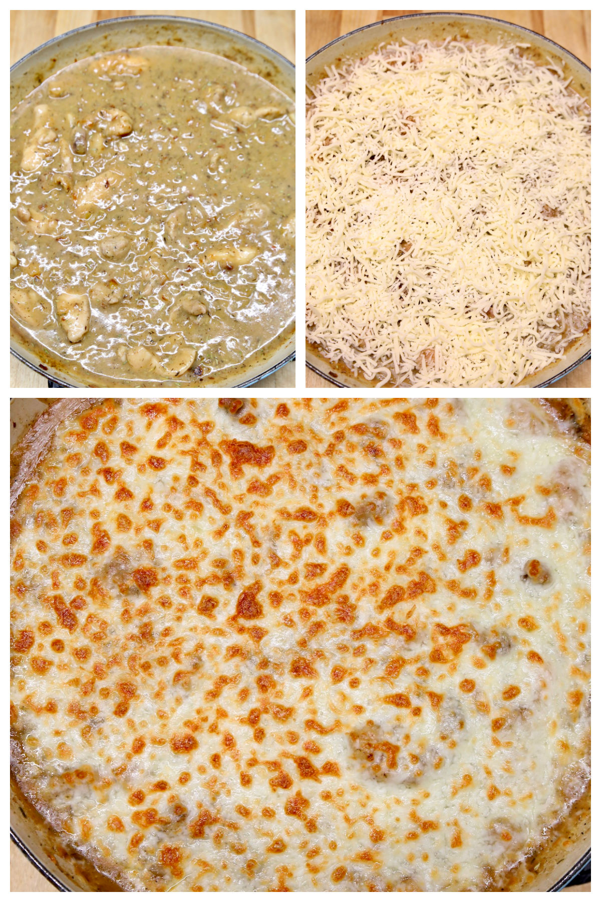 Collage of chicken with onion gravy, topped with cheese, melted.