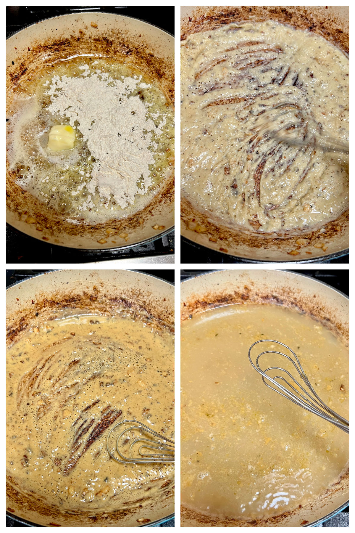 Collage making roux and gravy in a pan.