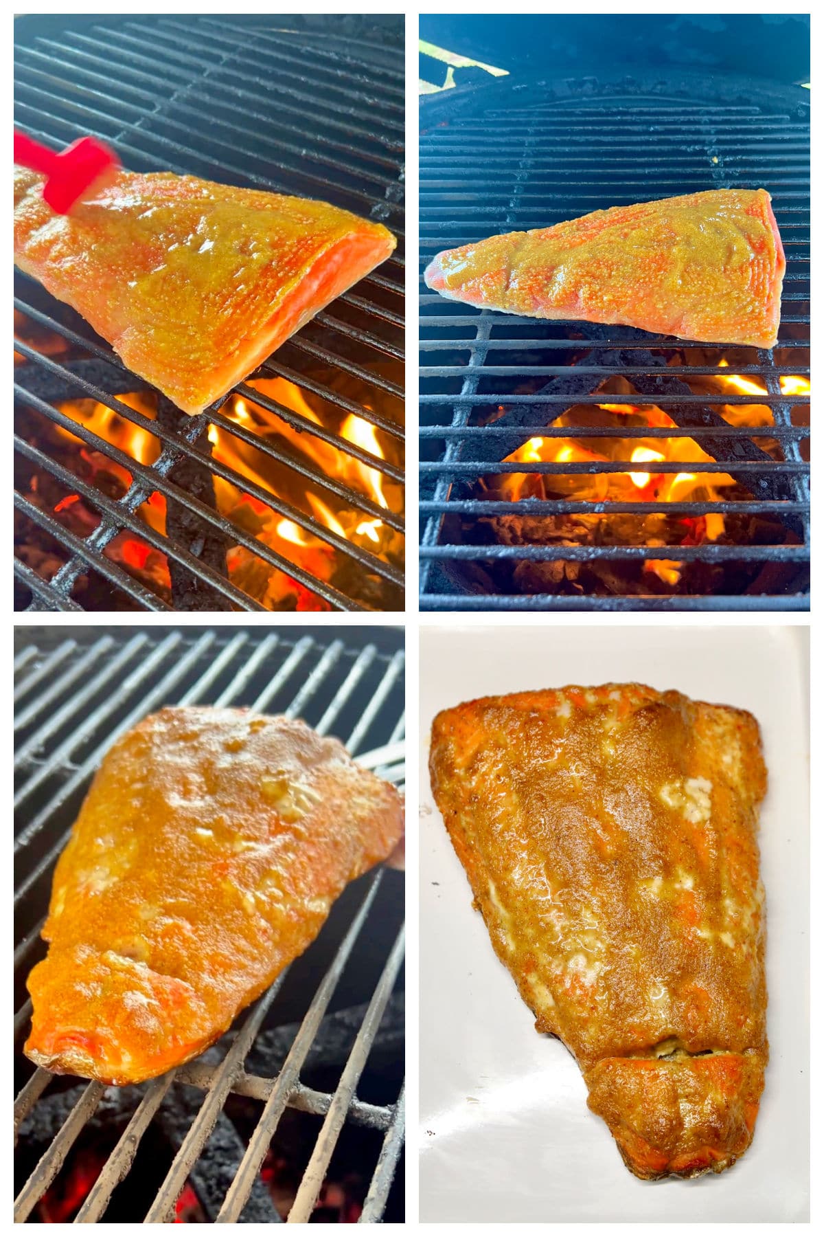 Collage of grilling salmon with mustard glaze.