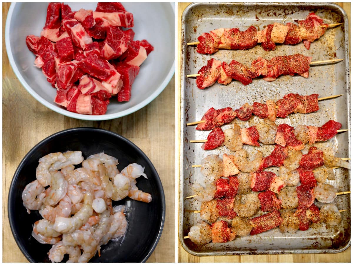 Steak and shrimp in bowls: on skewers.