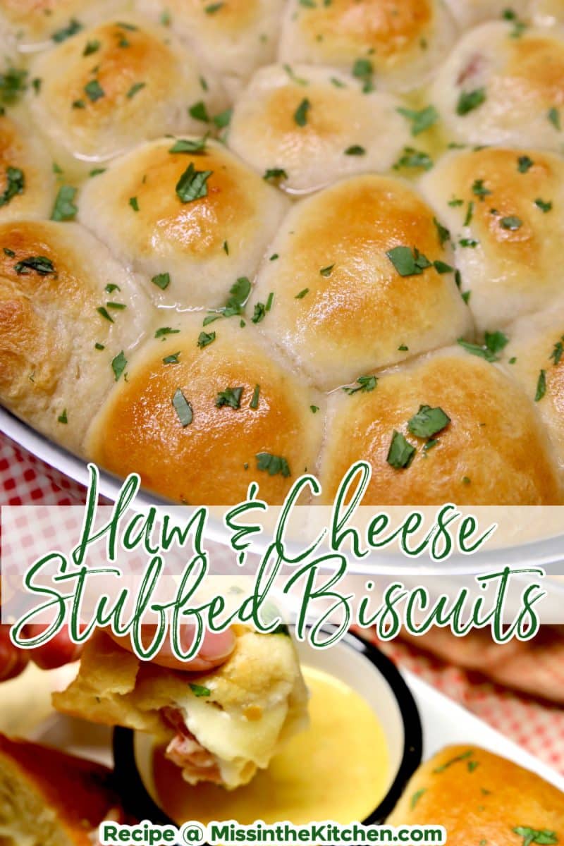 Collage: stuffed biscuits in a pan/dipping in mustard.