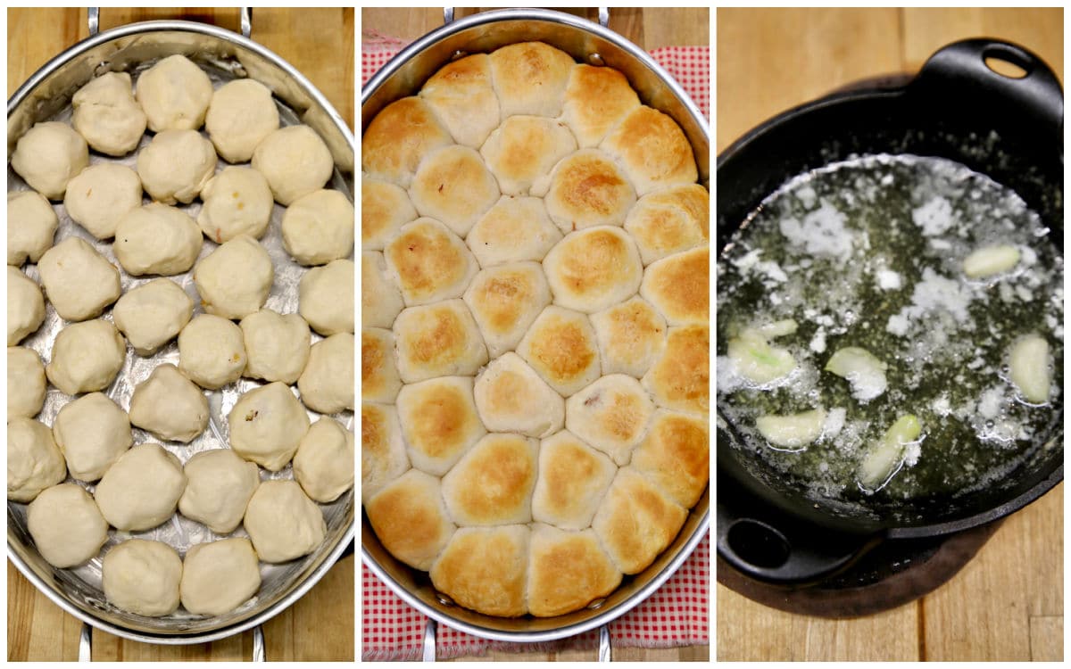 Collage: Stuffed biscuits in a pan/baked/garlic butter.