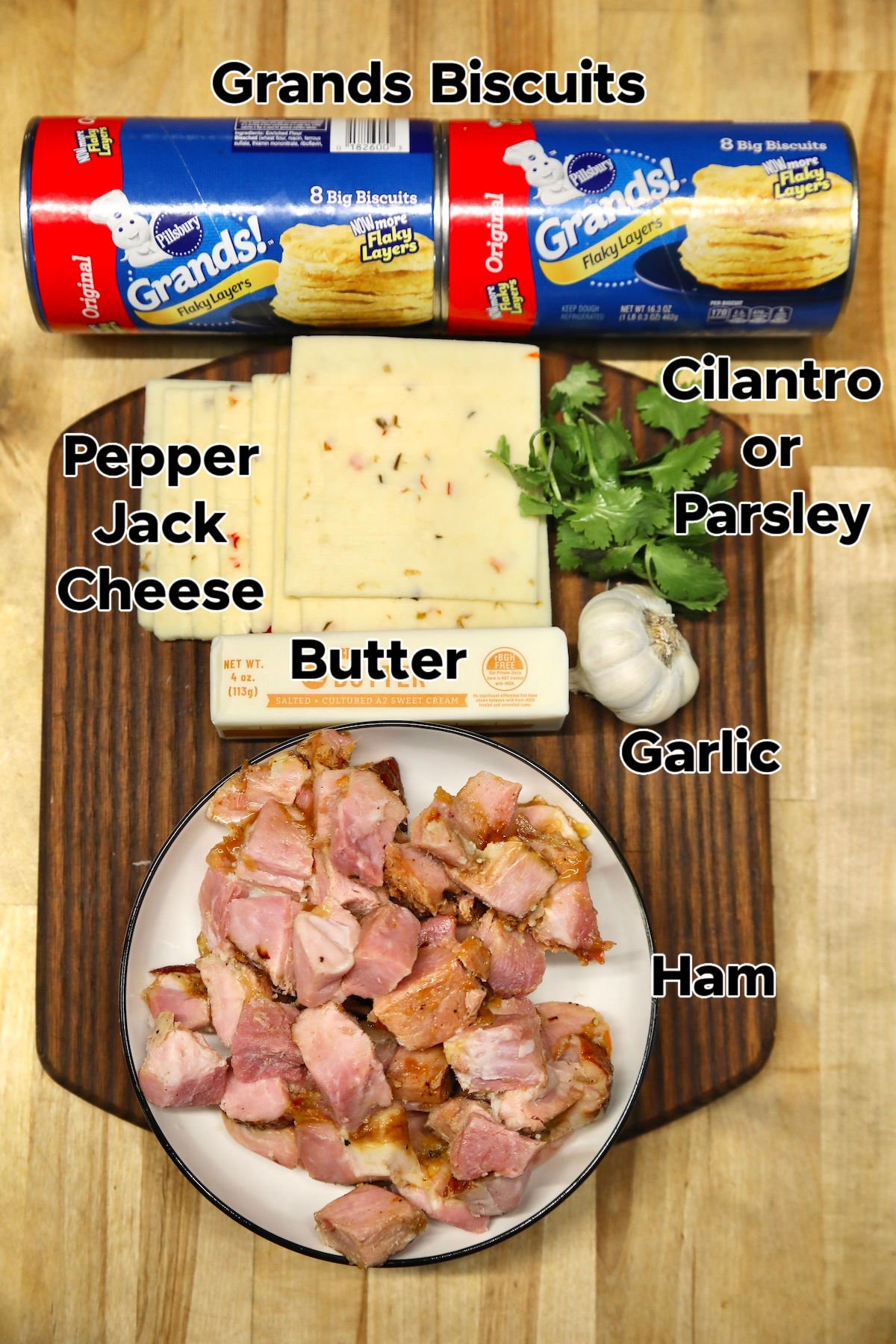 Ingredients for ham and cheese stuffed biscuits.