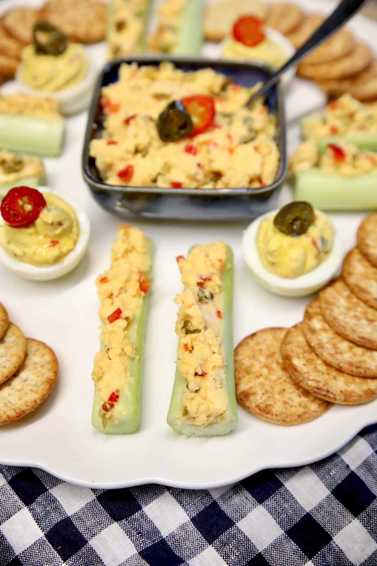 Jalapeno cheese stuffed celery on appetizer platter.