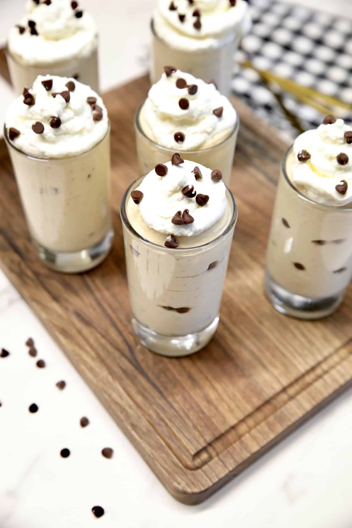 Peanut butter cheesecake in glasses.