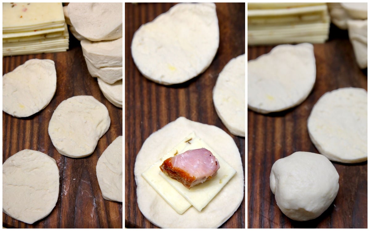 Collage making ham and cheese stuffed biscuits.