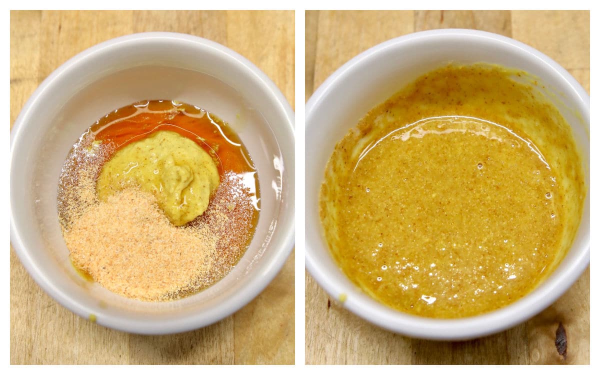 Collage: bowl of mustard, maple syrup, garlic/mixed.