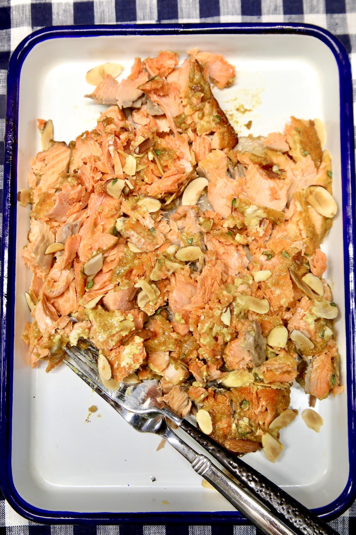 Flaked salmon on a tray.