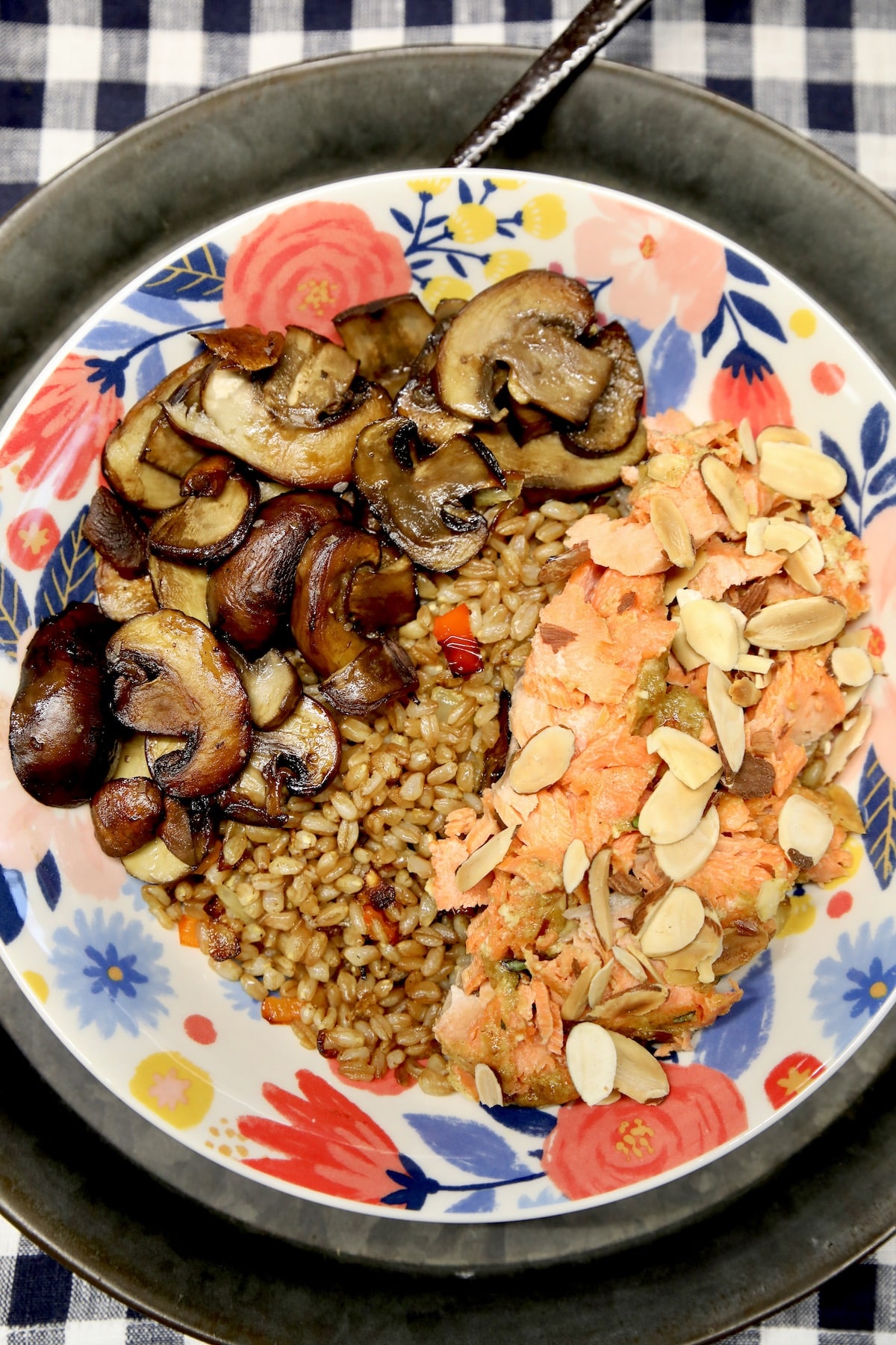 Salmon Bowl with farro and mushrooms.