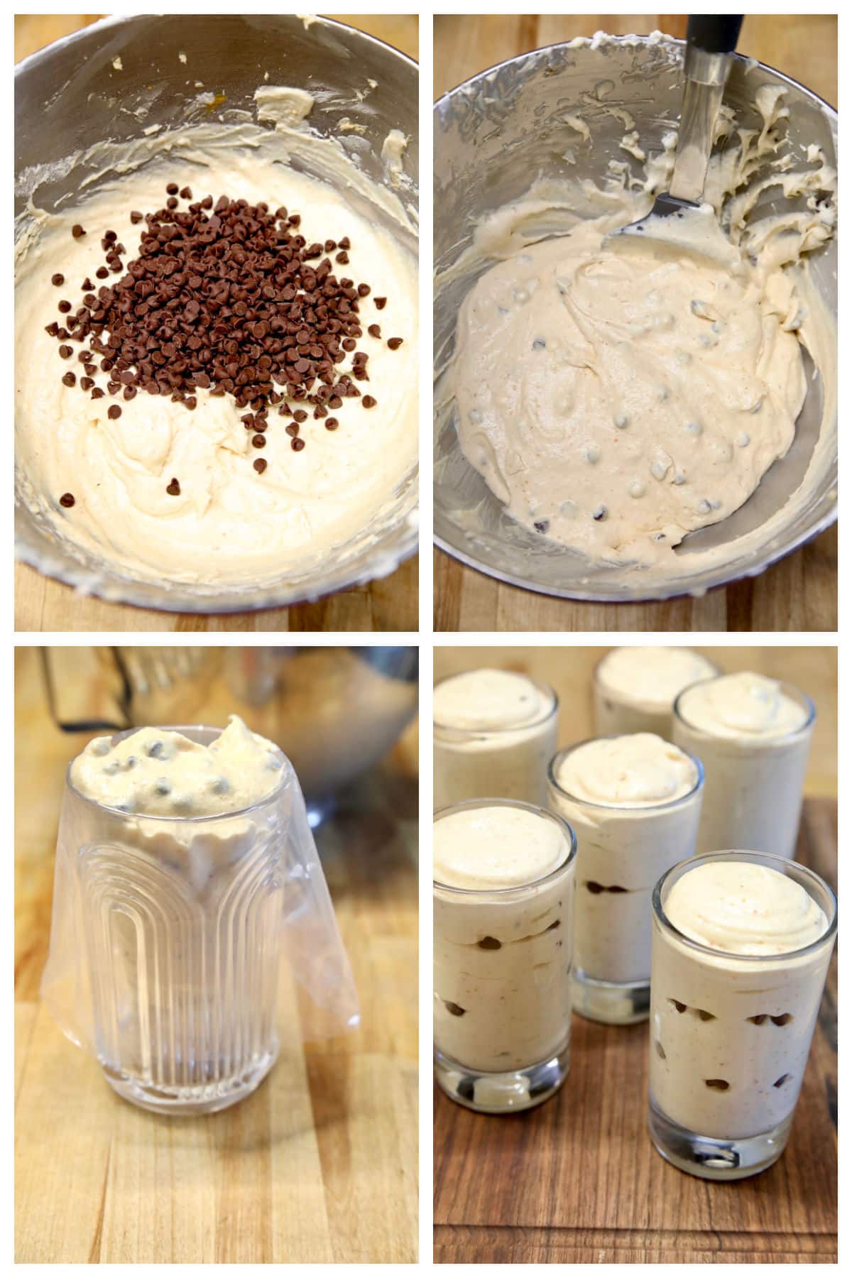 Collage: adding chocolate chips to cheesecake filling, piping in glasses.