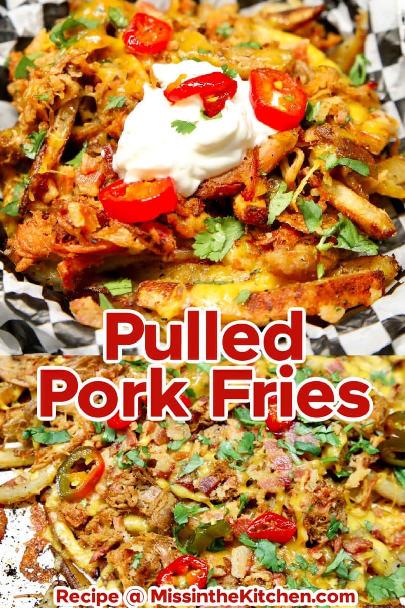 Pulled pork fries collage: Plated with sour cream / on sheet pan.