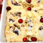 Cranberry orange sweet rolls in a pan.