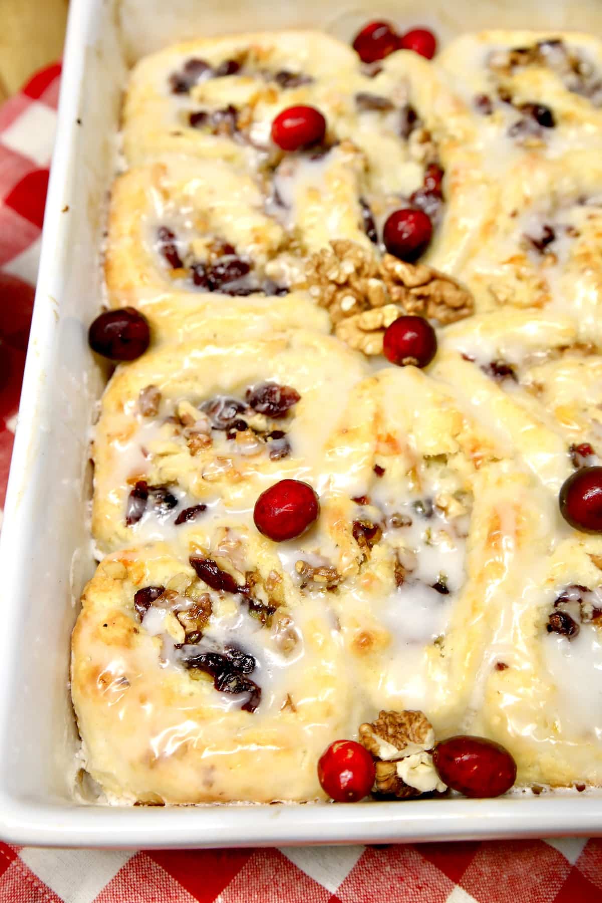 Pan of cranberry orange rolls.